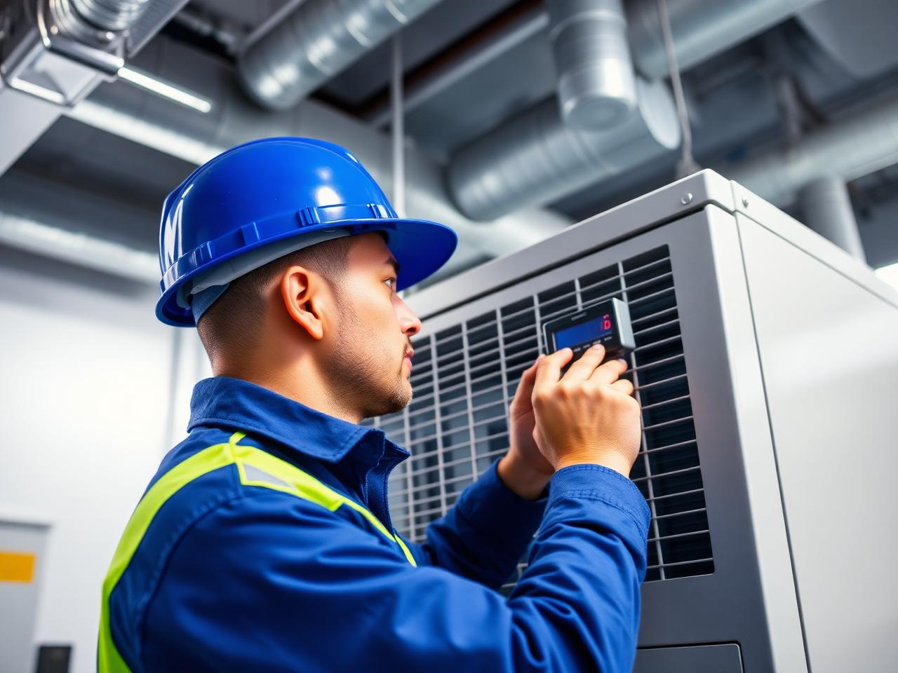HVAC engineer checking parameters on an air handling unit during a preventive maintenance visit