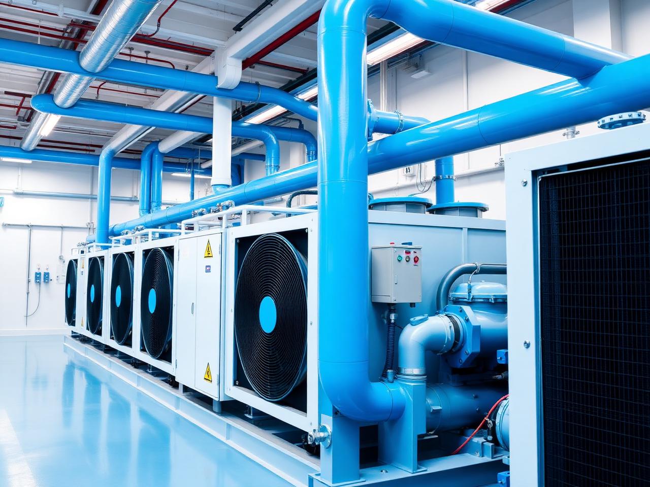 Chiller plant room with water-cooled chillers and blue chilled water piping