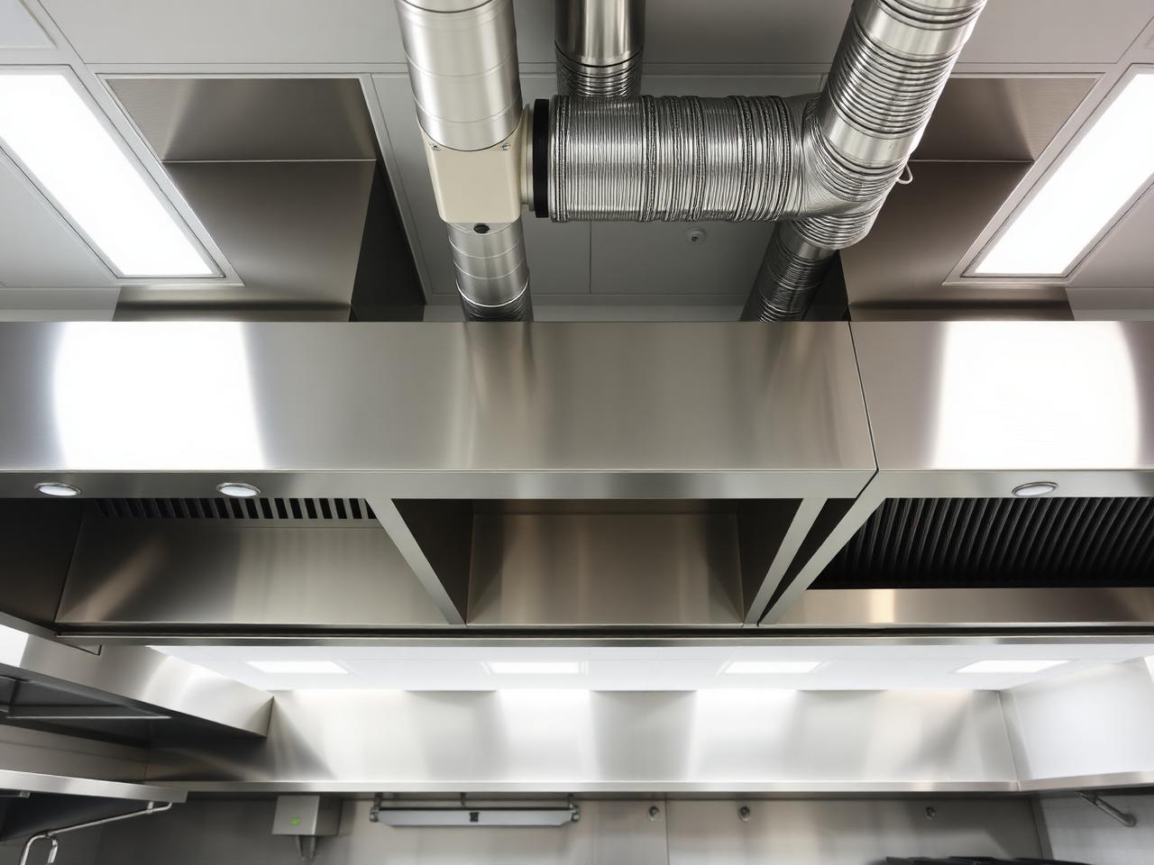 Stainless steel commercial kitchen exhaust hood with connected ventilation ductwork